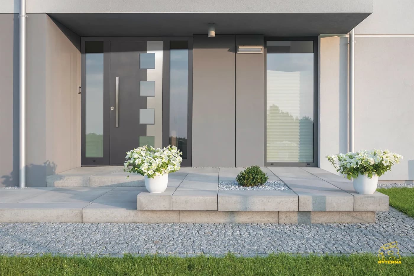 Ryterna architectural entry door with a tall pull handle