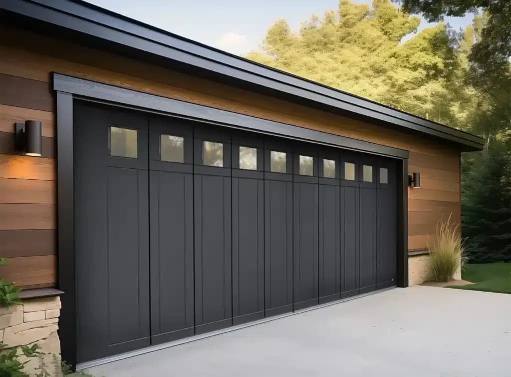 Side-sliding sectional garage door following an interior wall
