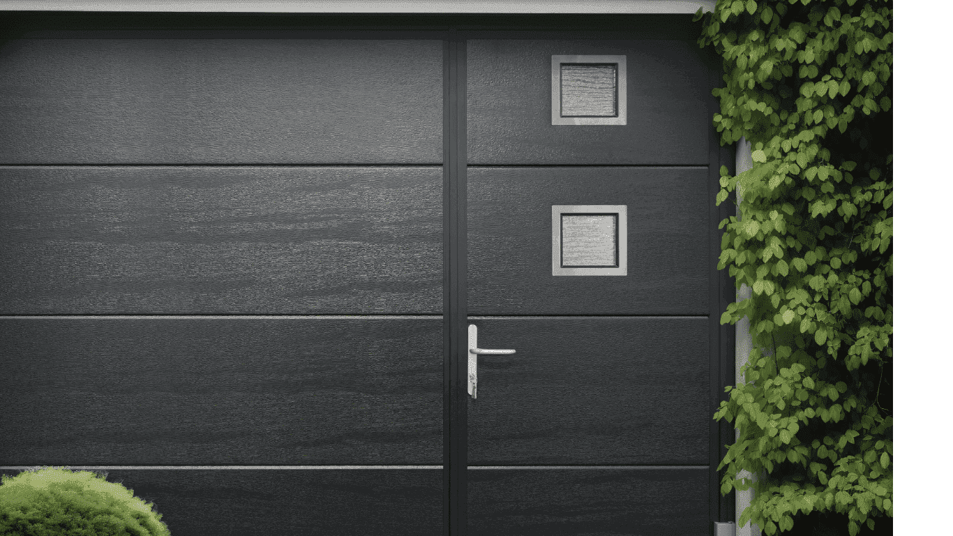 Ryterna walk-through garage door in RAL 9005 woodgrain