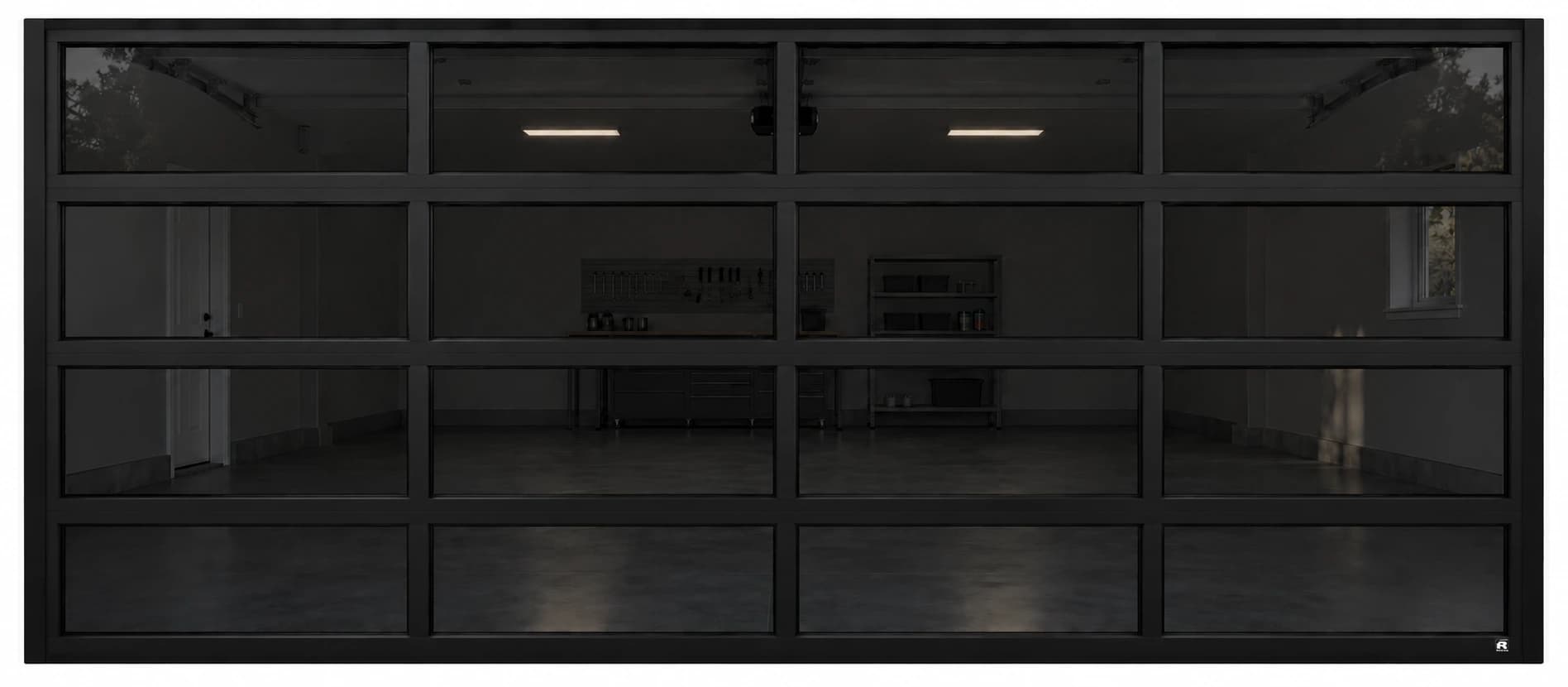 Ryterna Full View aluminium garage door with black frames and tinted glazing