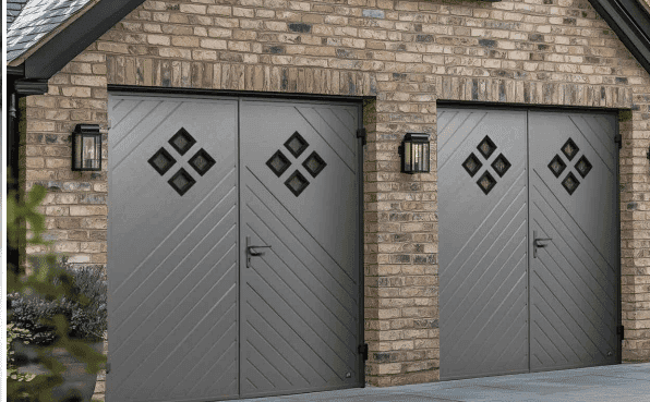 Diamond pattern side-hinged garage doors