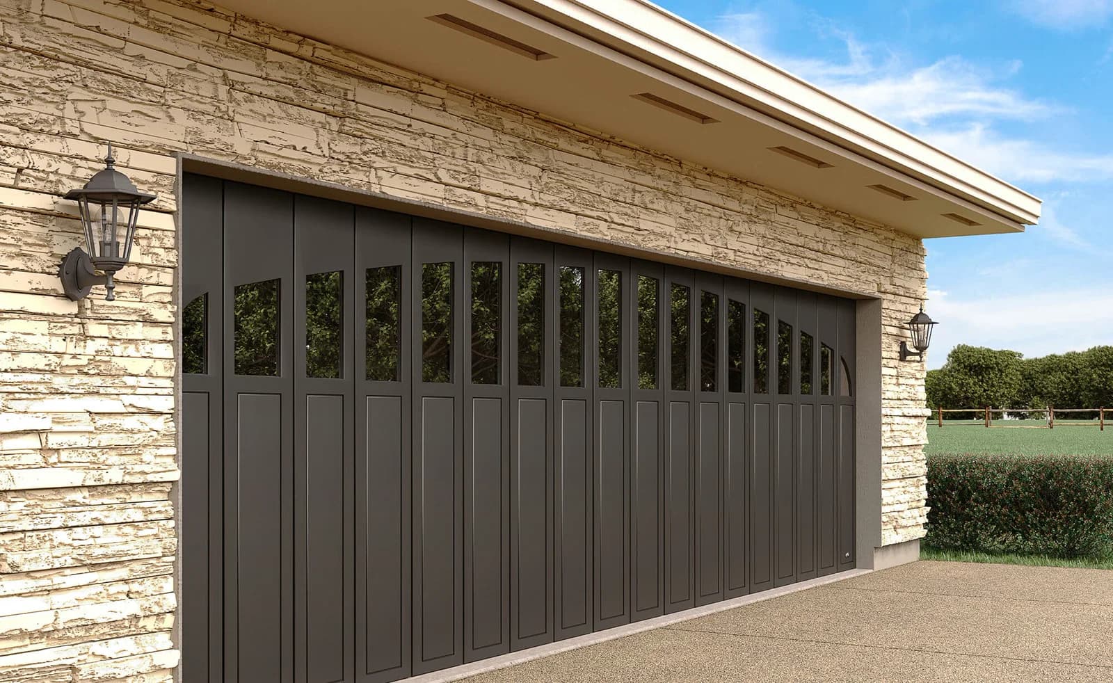 Ryterna side-sliding garage door fitted to a contemporary home