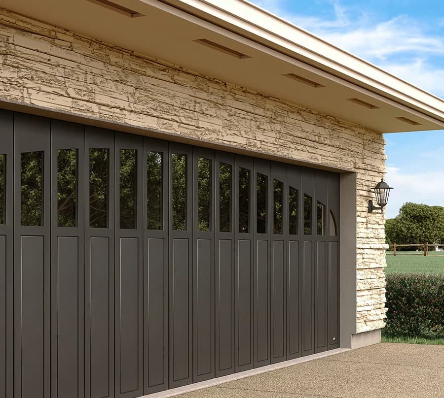 Slick side-sliding garage door with round window detail
