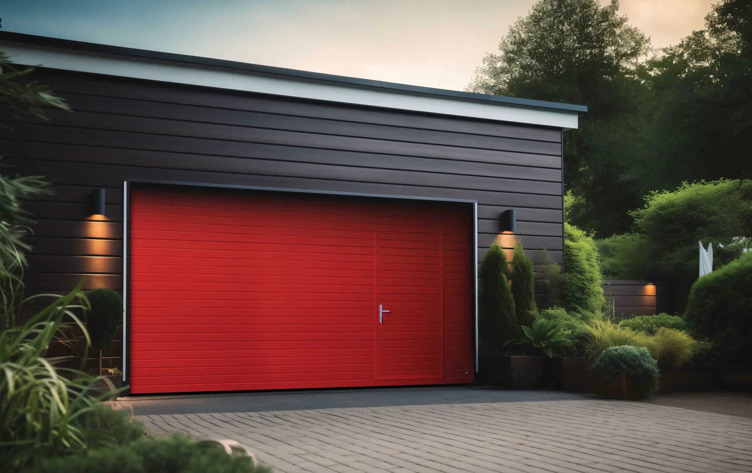 Person using a pedestrian door built into a sectional garage door