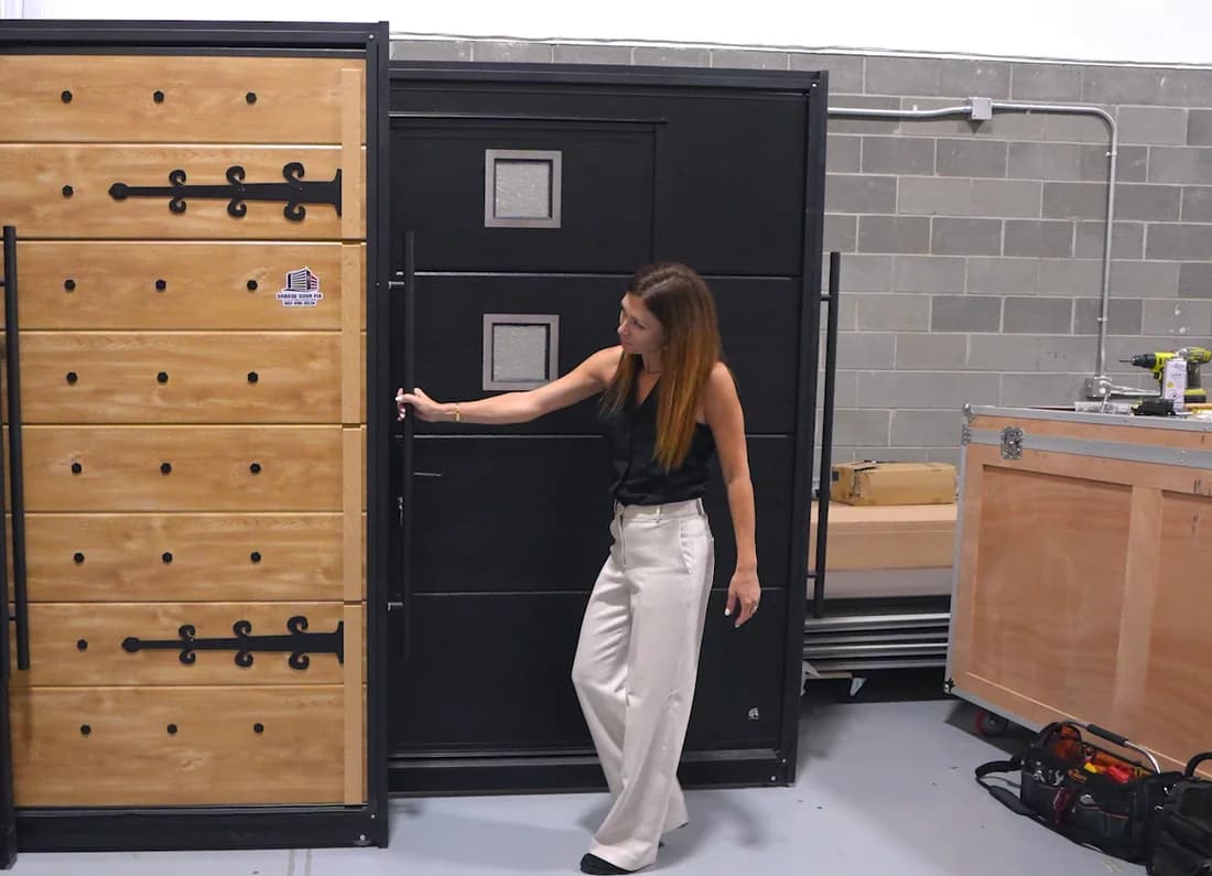 Marta Klugman demonstrating the built-in entry of a Ryterna walk-through garage door in The Marc & Mandy Show segment