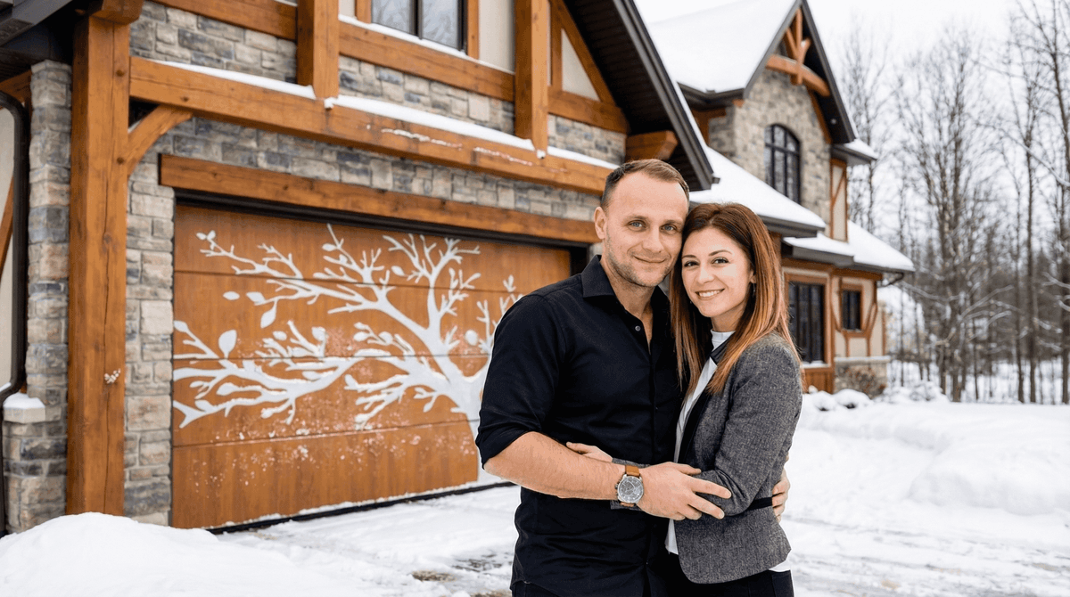 Stan and Marta Klugman in front of custom Ryterna tree-design garage door