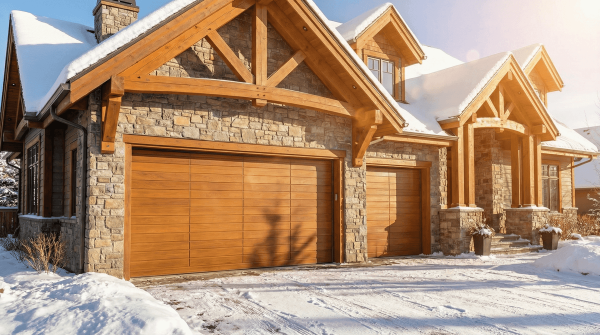 Okoume wood-clad Ryterna garage door on Edmonton home